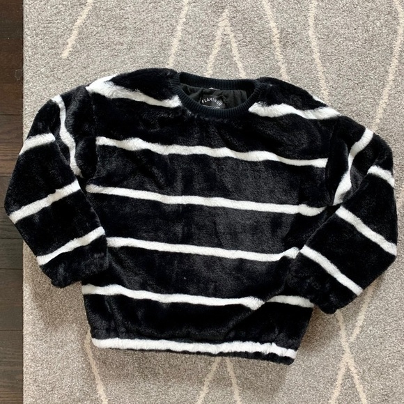 Flamingo Faux Fur Striped Sweatshirt Girls 10/11 - Picture 1 of 3